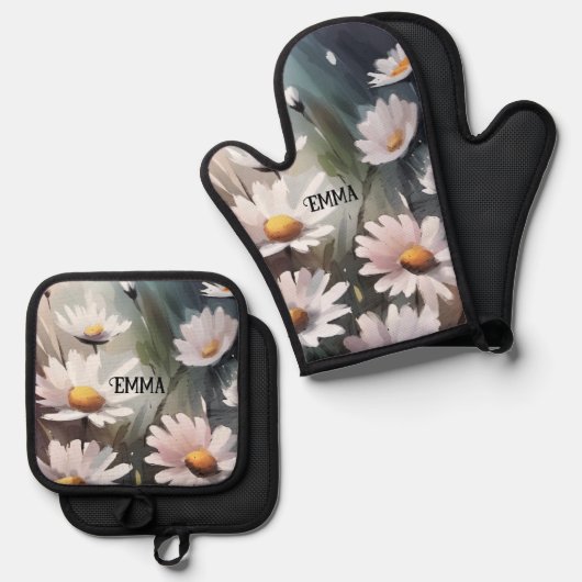 水彩デイジー名前をカスタムする 鍋つかみ&鍋敷きセット (正面/裏面)