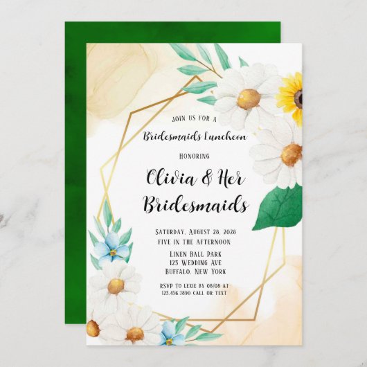 水彩デイジー幾何学的ブリデスメイドランチョン 招待状 (正面/裏面)