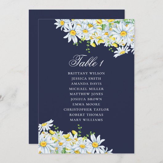 水彩デイジー座席表。ネイビー結婚ブルー 招待状 (正面/裏面)