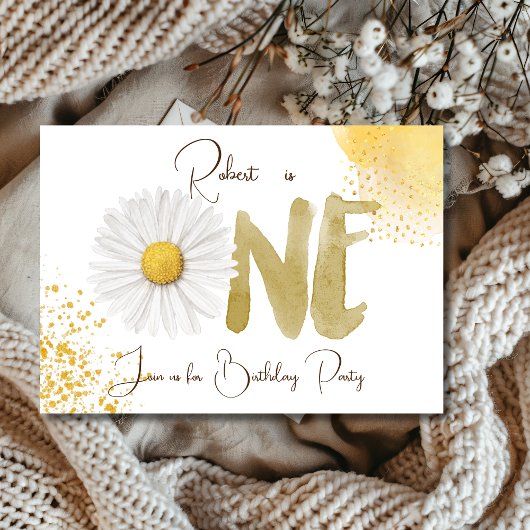 水彩デイジー第1の誕生日招待状 招待状