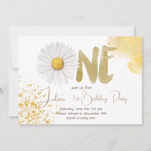水彩デイジー第1誕生日 招待状 (正面)