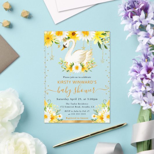 水彩デイジー黄色い花スワン赤ちゃんシャワー アクリル招待状 (インサイチュ (ウェディング))