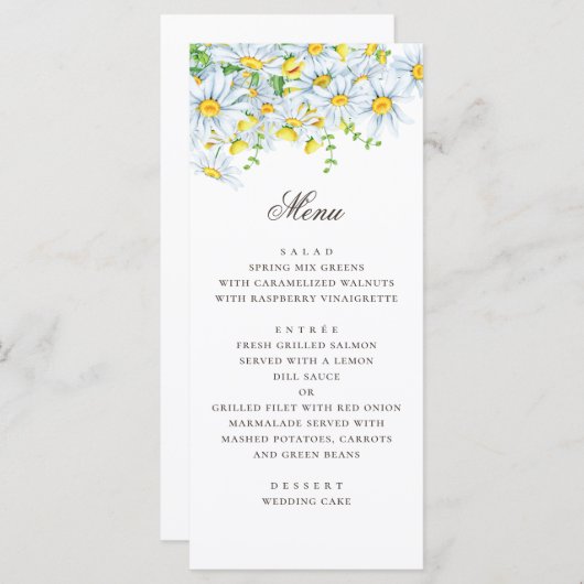 水彩デイジー。カモミール。夏のフローラ結婚ズ メニュー (正面/裏面)