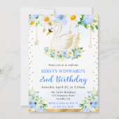 水彩デイジー&ブルーフラワーズスワン誕生日 招待状 (正面)