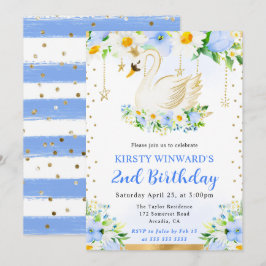 水彩デイジー&ブルーフラワーズスワン誕生日 招待状