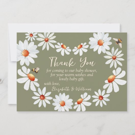 水彩デイジー&(昆虫)マルハナバチベビーシャワーありがとう サンキューカード (正面)
