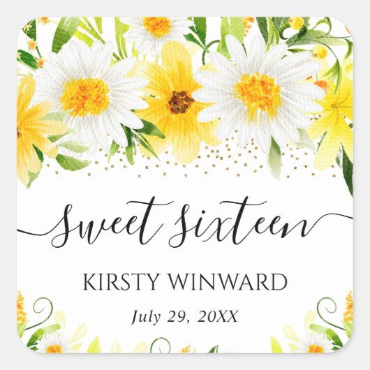 水彩デイジー&黄色の花Sweet sixteen スクエアシール (正面)
