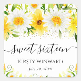 水彩デイジー&黄色の花Sweet sixteen スクエアシール