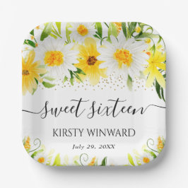 水彩デイジー&黄色の花Sweet sixteen ペーパープレート