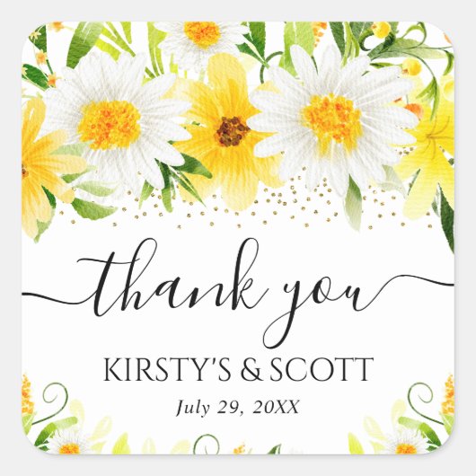 水彩デイジー&黄色結婚花 スクエアシール (正面)