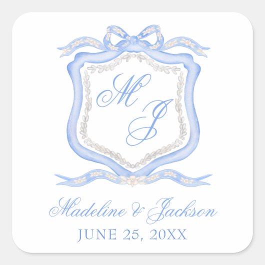 水彩デザイナーブルーモノグラムクレスト スクエアシール (正面)