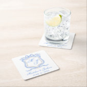 水彩デザイナーブルーモノグラム結婚クレスト スクエアペーパーコースター (インサイチュ)