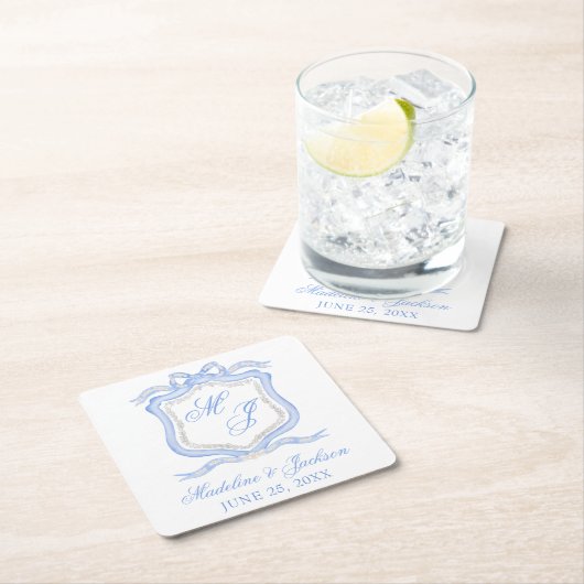 水彩デザイナーブルーモノグラム結婚クレスト スクエアペーパーコースター (インサイチュ)