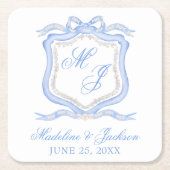 水彩デザイナーブルーモノグラム結婚クレスト スクエアペーパーコースター (正面)