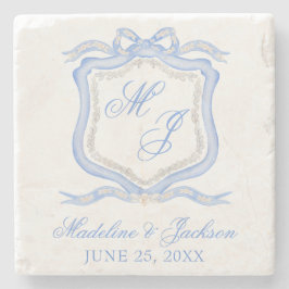 水彩デザイナーブルーモノグラム結婚クレスト ストーンコースター