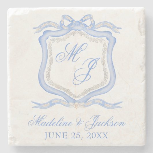 水彩デザイナーブルーモノグラム結婚クレスト ストーンコースター (正面)