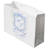 水彩デザイナーブルーモノグラム結婚クレスト ラージペーパーバッグ (裏面アングル)