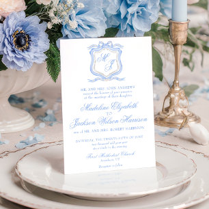水彩デザイナーブルーモノグラム結婚クレスト 招待状