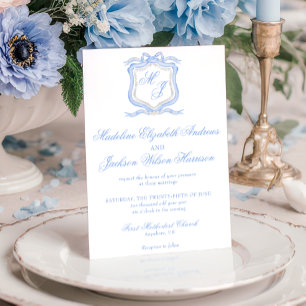 水彩デザイナーブルーモノグラム結婚クレスト 招待状