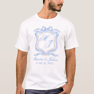 水彩デザイナーブルーモノグラム結婚クレスト Tシャツ