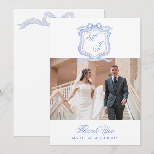 水彩デザイナー ブルー モノグラム フォト サンキューカード (正面/裏面)