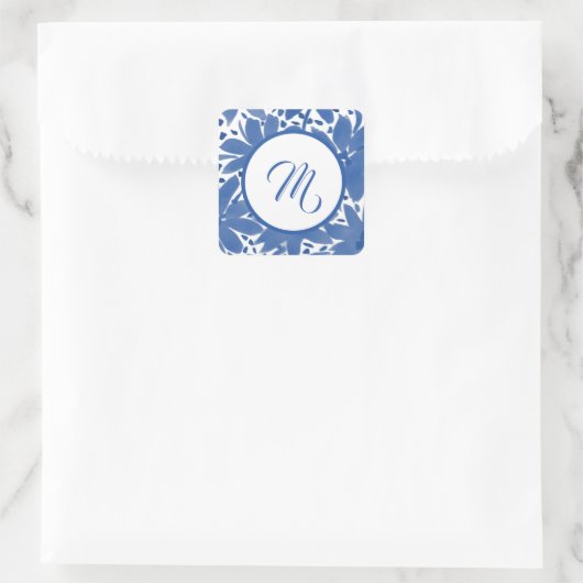 水彩デザインモノグラムのブルーフローラ スクエアシール (バッグ)