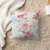 水彩デザイン枕とピンクのバラ クッション (ブランケット)