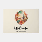 水彩デザートサボテンと山の歓迎 ドアマット (正面)