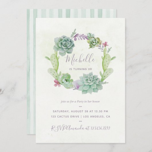 水彩デザートサボテン多肉誕生日パーティー 招待状 (正面/裏面)