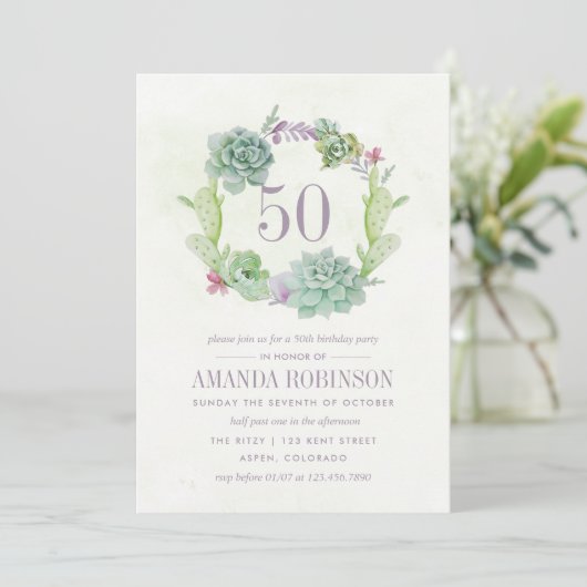 水彩デザートサボテン多肉類50誕生日 招待状 (スタンド正面)