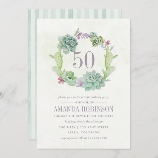 水彩デザートサボテン多肉類50誕生日 招待状 (正面/裏面)