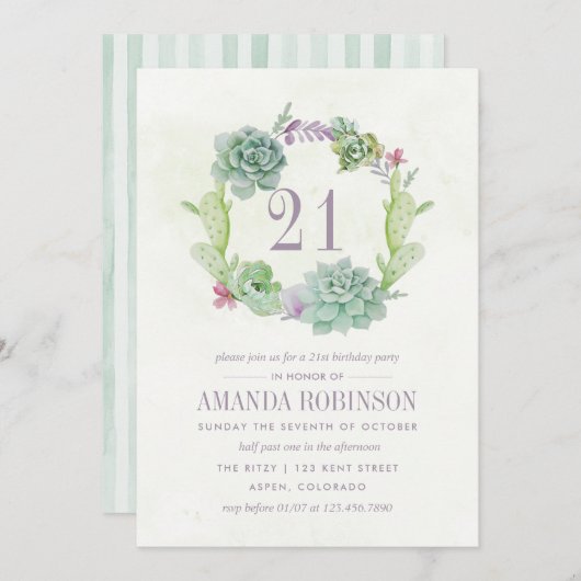 水彩デザートサボテン多肉食21歳の誕生日 招待状 (正面/裏面)