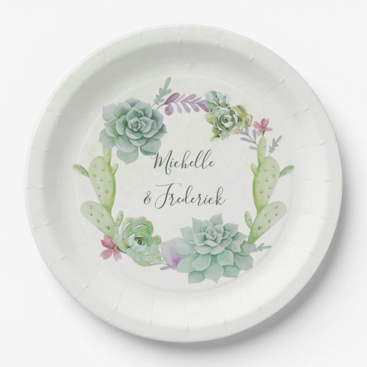 水彩デザートサボテン結婚ツ ペーパープレート (正面)