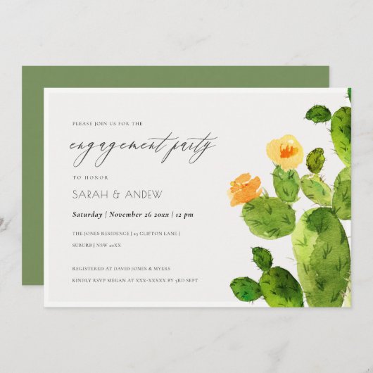 水彩デザートサボテン花婚約 招待状 (正面/裏面)