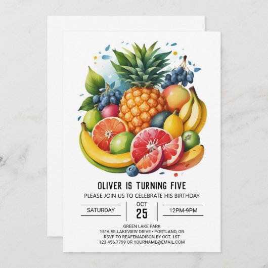 水彩デジタルアップルフルーツ誕生日 招待状 (正面/裏面)