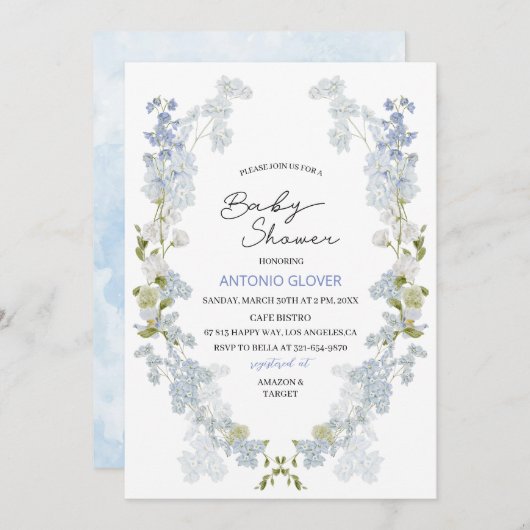 水彩デルフィニウムの青い花　ベビーシャワー 招待状 (正面/裏面)