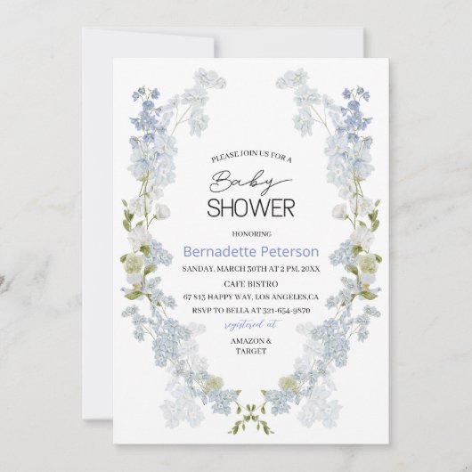水彩デルフィニウム青い花ベビーシャワー 招待状 (正面)