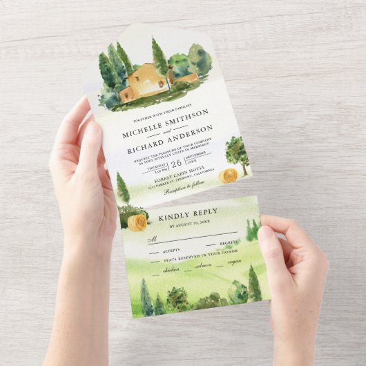 水彩トスカニーランドスケーイタリアンムファームズ結婚ーズ オールインワン招待状 (貼ってはがせる)