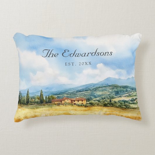 水彩トスカーナ地中海のファミリー名 アクセントクッション (正面)
