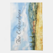 水彩トスカーナ地中海のファミリー名 キッチンタオル (縦)