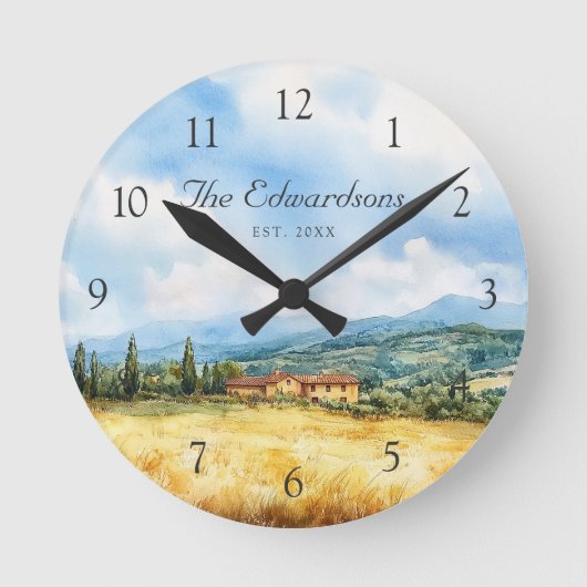 水彩トスカーナ地中海のファミリー名 ラウンド壁時計 (正面)