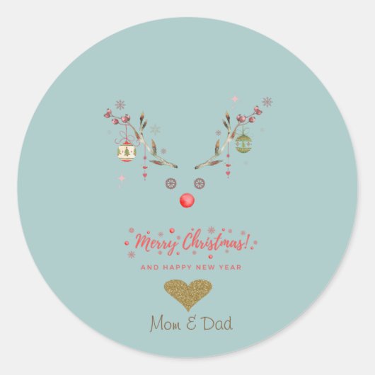 水彩トナカイのクリスマスボール金ゴールドハート ラウンドシール (正面)