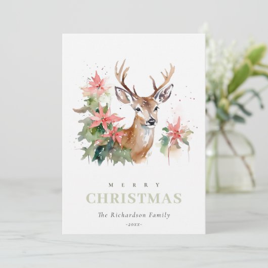 水彩トナカイのポインセチアのクリスマスリーフ シーズンカード (スタンド正面)