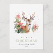 水彩トナカイのポインセチアのクリスマスリーフ シーズンポストカード (正面)