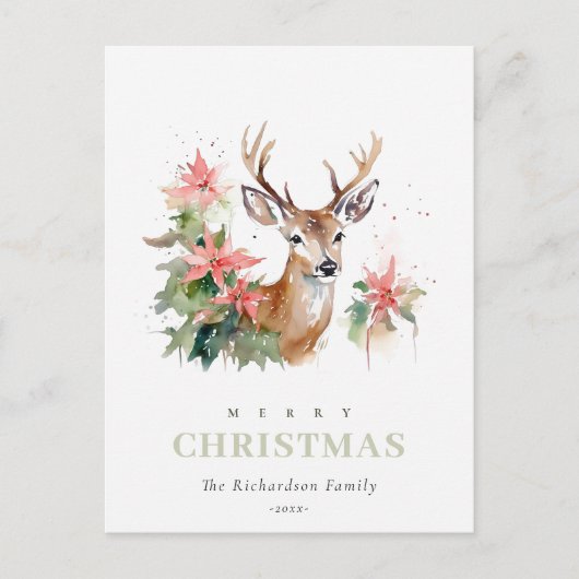 水彩トナカイのポインセチアのクリスマスリーフ シーズンポストカード (正面)