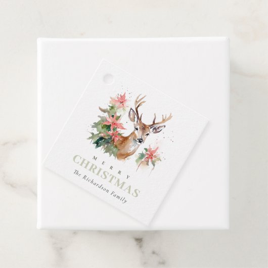 水彩トナカイのポインセチアのクリスマスリーフ フェイバータグ (インサイチュ)