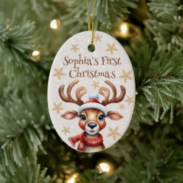 水彩トナカイベビーの初めてのクリスマス写真 セラミックオーナメント