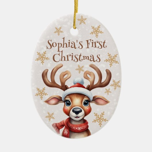 水彩トナカイベビーの初めてのクリスマス写真 セラミックオーナメント (正面)