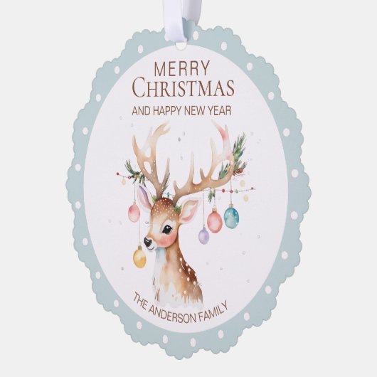 水彩トナカイ青クリスマスオーナメントカード オーナメントカード (左)