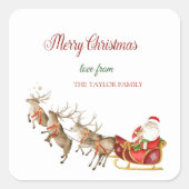 水彩トナカイSanta Clausそりのクリスマス スクエアシール (正面)